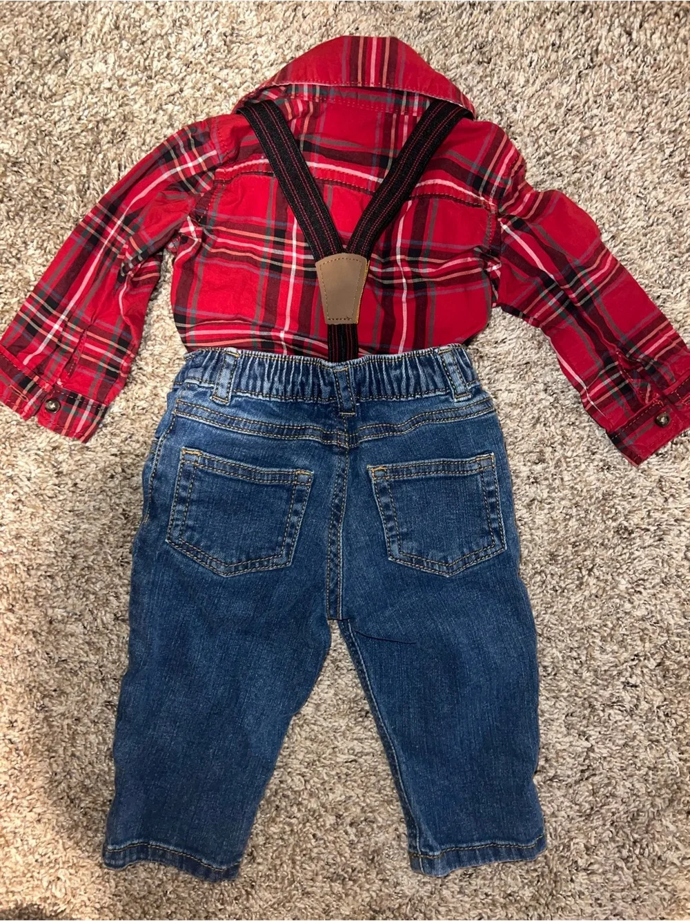 Carter's Red Plaid Shirt with Blue Denim Pants & Suspenders